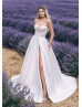 Strapless Beaded Ivory Lace Satin Slit Wedding Dress With Ruffled Sleeves